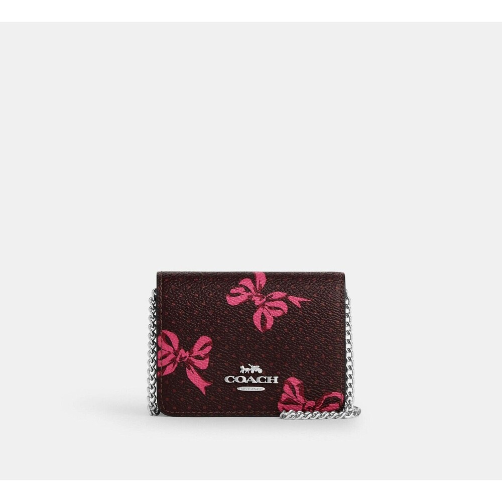🩷Coach Mini Wallet On a Chain - CZ019 Merlot Coated Canvas w/Pink Bow Print NWT